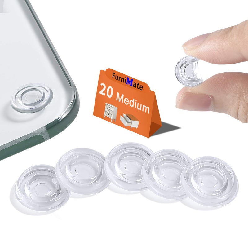 FURNIMATE Glass Table Top Bumpers 20PCS 18mm Non Adhesive Medium Rubber Bumpers Anti Slip Pads Clear for Glass Top - Image 1